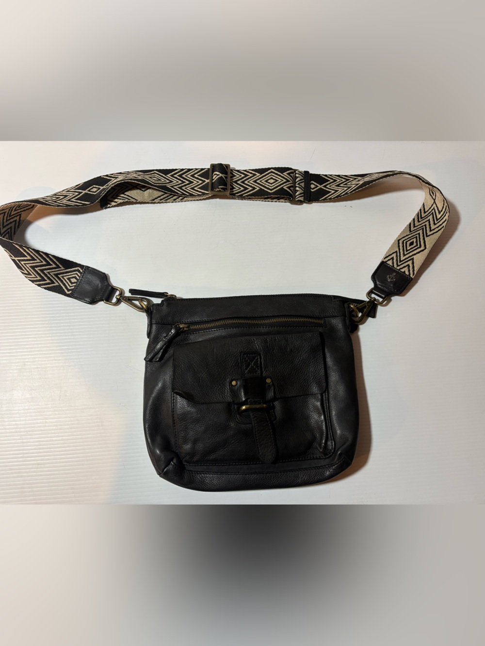 Women’s  Black Leather Crossbody Bag with Patterned Strap